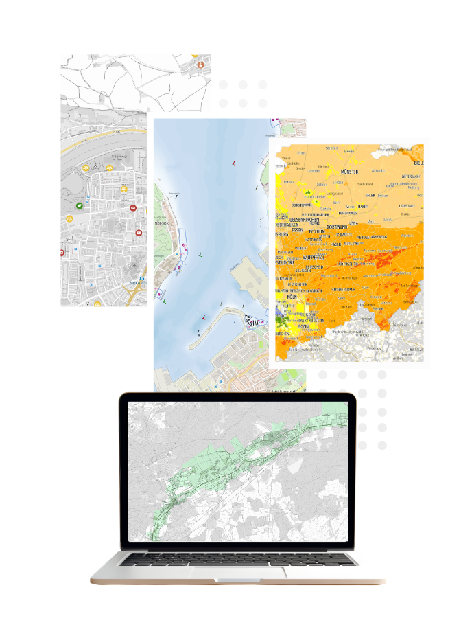 Digitale Kartenanalyse mit GIS-Daten, Heatmap und Projektvisualisierung auf Laptop