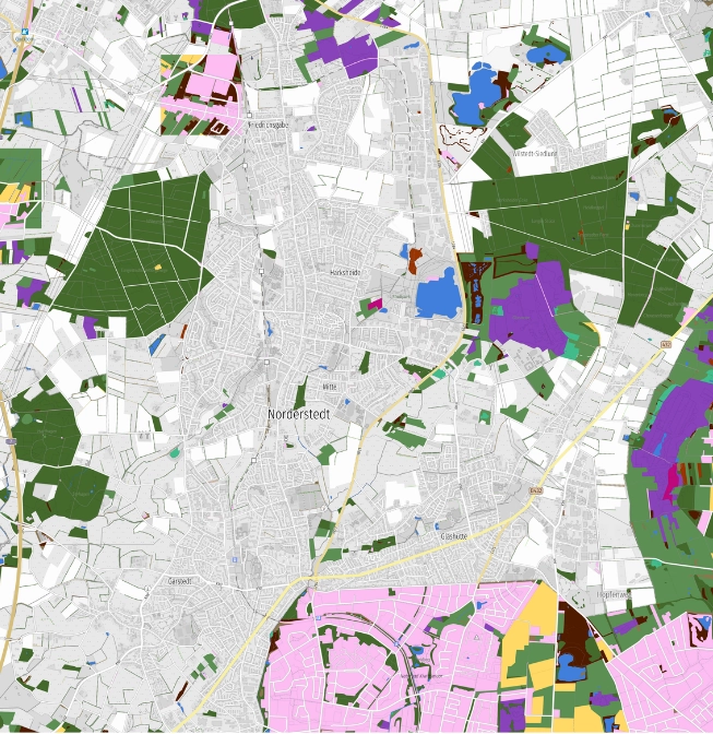 Thematische Karte mit farblich abgegrenzten Biotopflächen in einer Stadtregion