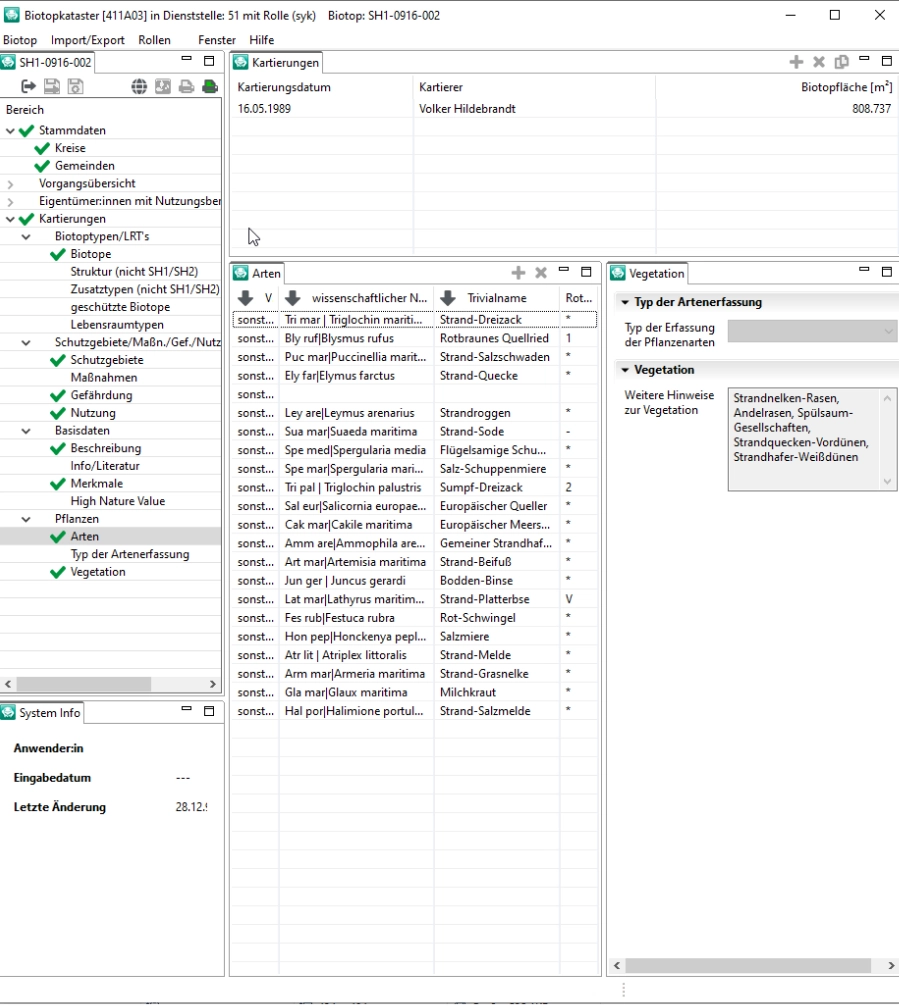 Softwareoberfläche mit Artenliste und Vegetationsdaten im Biotopkataster