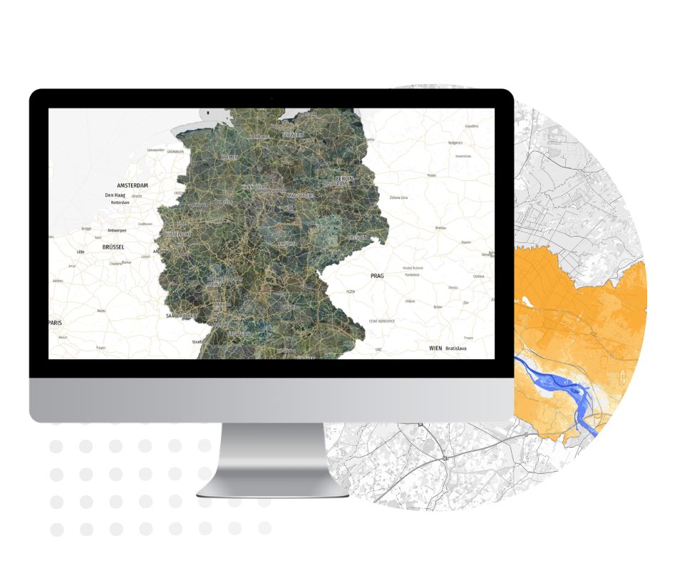 Bildschirm mit Luftbild und Karte im Hintergrund