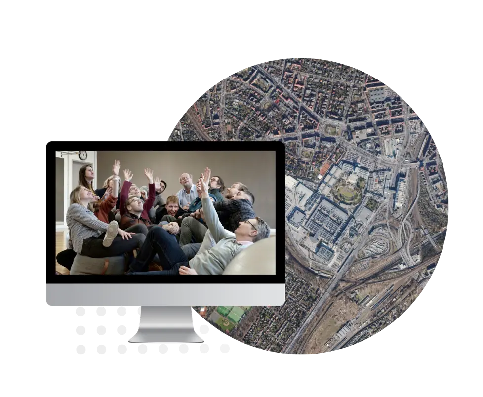 Luftbild der Messe Berlin mit Computer und geoGLIS'lern