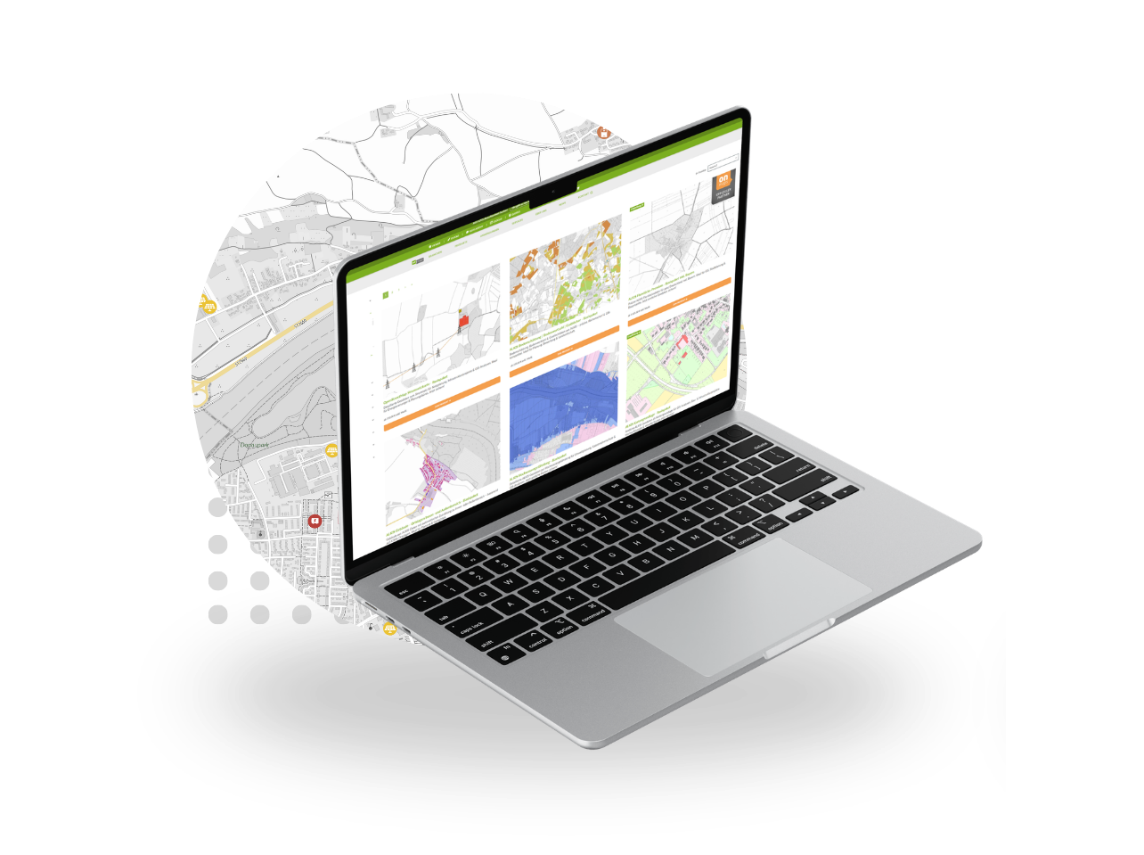 Laptop mit Kartenanwendung und thematischen Geodatenanalysen