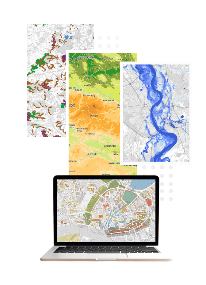 Mehrere thematische Karten mit Gelände-, Hochwasser- und Stadtansicht sowie Laptop mit Kartenanwendung