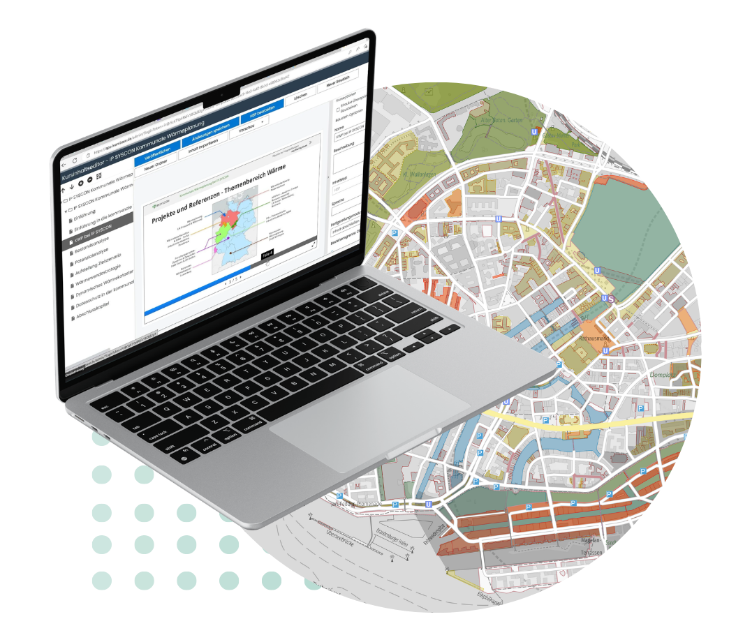 Laptop mit XPlanung-Daten und Bebauungsplan im GIS-Editor