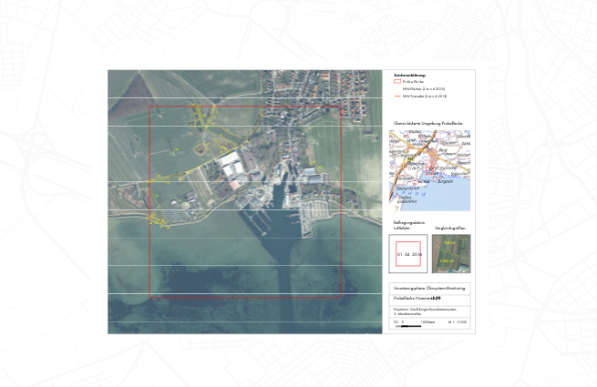 Übersichtskarte zum Ökosystemmonitoring mit Untersuchungsgebiet, Luftbilddarstellung und Lageplan