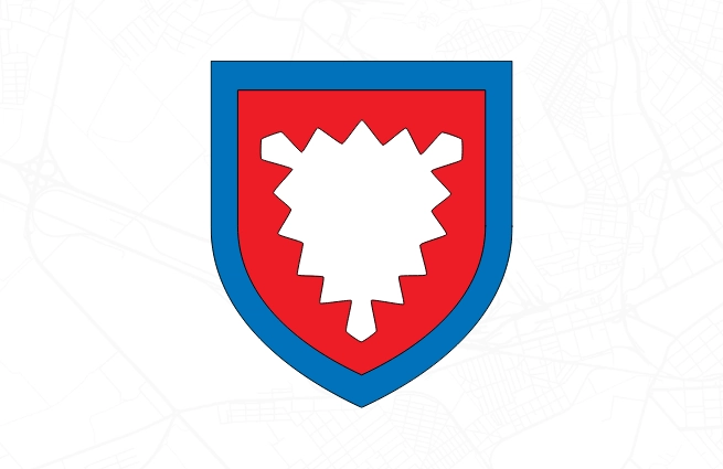 Wappen des Landkreises Schaumburg mit rotem Schild, blauem Rand und weißem Nesselblatt