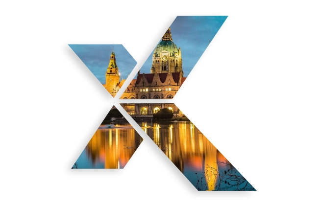 Symbolgrafik zur XPlanung mit Stadtansicht von Hannover und Gewässerreflexion