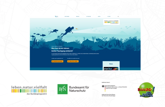 Startseite des Projekts „LakeExplorer“ mit Unterwasserillustration und Projektpartnern