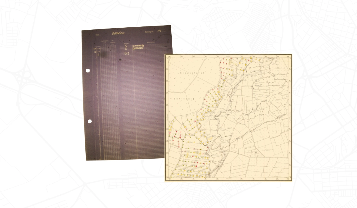 Microfiche mit historischen Schichtenverzeichnissen und Moorbohrpunkten als Datengrundlage der Moortiefenkartierung