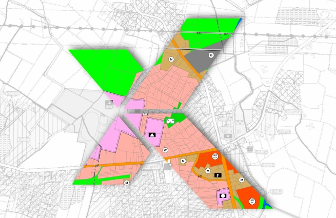 XPlanungs-konforme Darstellung eines Bebauungsplans mit Flächen-, Linien- und Punktgeometrien